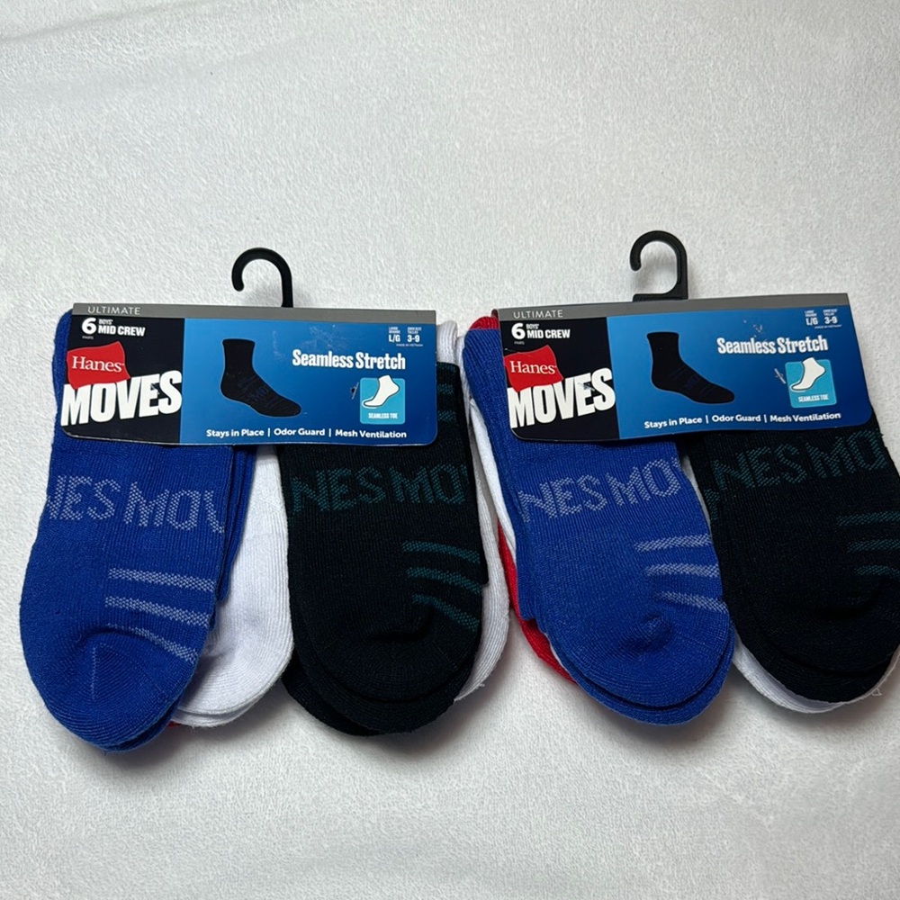 NWT Boys’ Hanes Ultimate Moves (2) 6 Pairs-Total 12 Pairs Mid Crew Multi-Color
